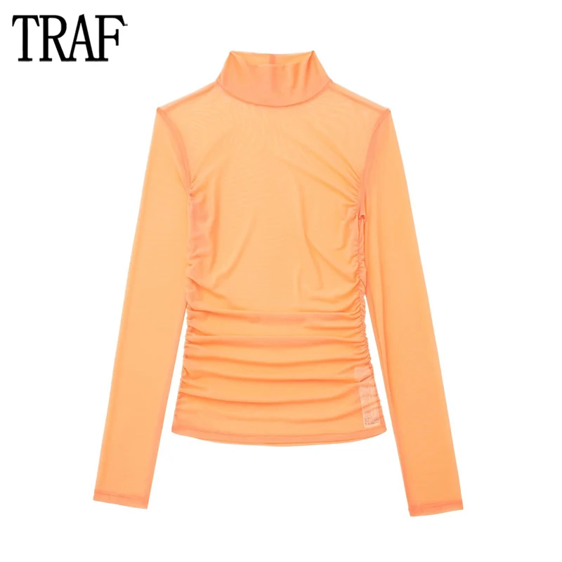 

TRAF Orange Tulle Top Women Ruched Corset Top Female Summer Semi Sheer Blouses Women Long Sleeve Turtleneck Shirts and Blouses