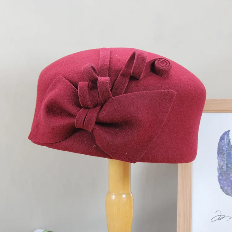 

Женский фетровый берет, винтажная черная шляпа из 100% шерсти, с бантом