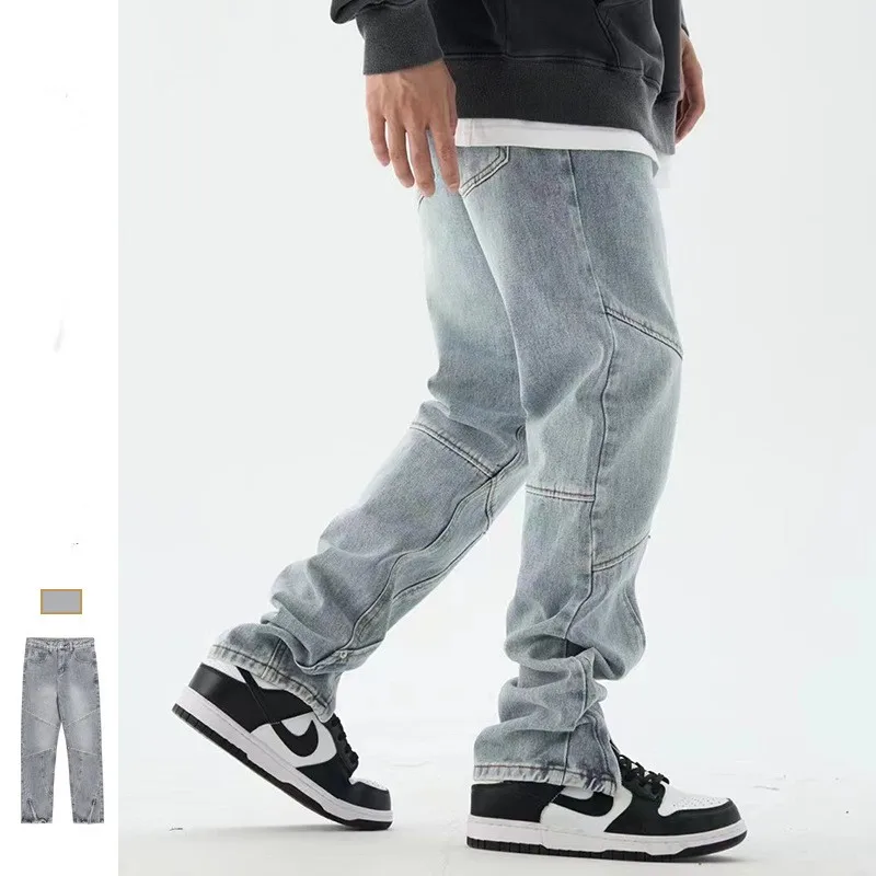 Blue Jeans American Designer Style High Street Trouser Leg Zipper Stitching  Men Hiphop Loose Straight  Trend
