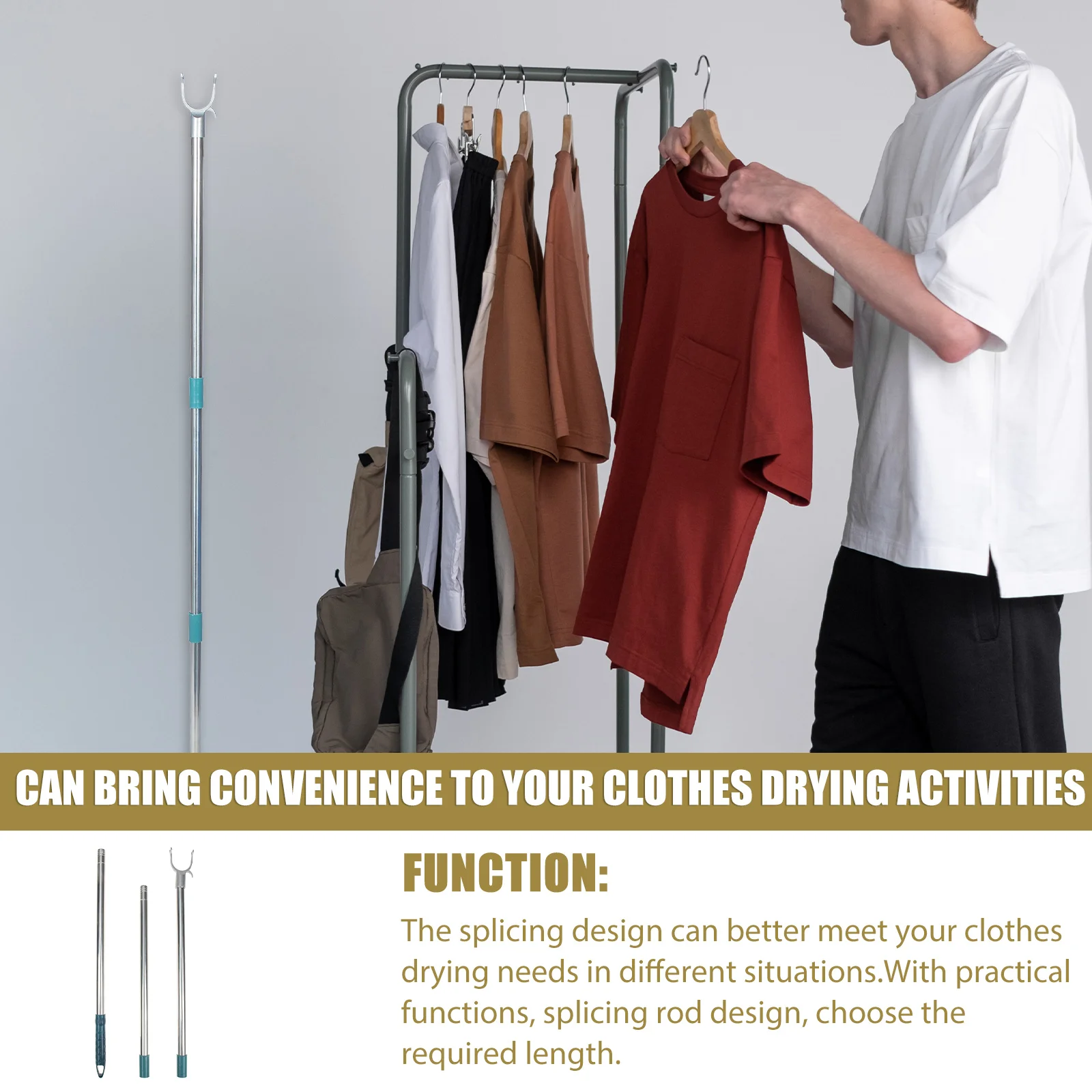 

Pole Clothes Reach Rod Hook Closet Clothesline Room Living Stick Essentials Adjustable Retractable Garment Prop Reaching