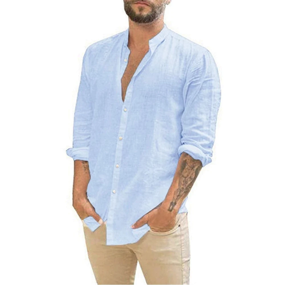 

Casual Beach Style New Hot Selling 2000 Cotton And Linen Hot Sale Men's Long Sleeve Shirt Autumn Solid Color Stand Collar