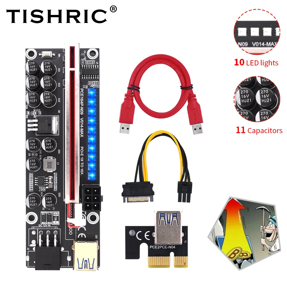 

Кабель-переходник TISHRIC Pcie 014 VER014 Max, кабель PCI Express x16 6pin, 10 светодиодов для майнинга биткоинов, GPU, USB3.0