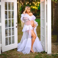 white tulle maternity dresses off the shoulder maternity photography long sleeves puffy ruffles pregnancy women dress babyshower