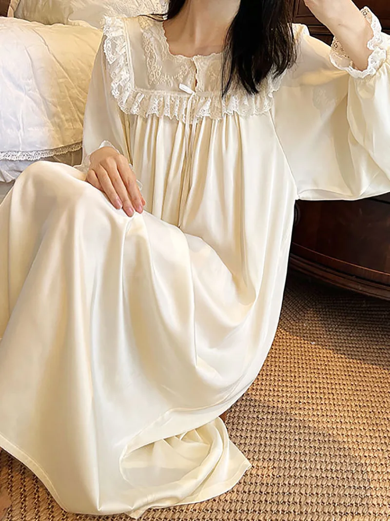 Women Pure Cotton Ruffles Vintage Nightgowns Robe Lace Fairy Long Sleeve Victorian Princess Sleepwear Sweet Night Dress Homewear