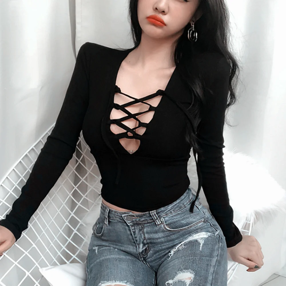 

Summer Bandage Sexy V-neck Hollow Out Slim Long Sleeve Short Solid Color T-shirt Bottom Tops Spring High Waist Women Blouses