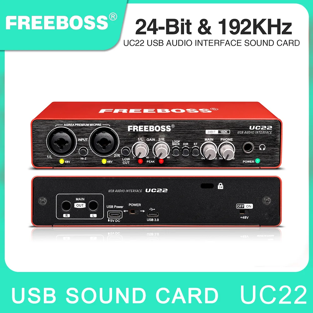 

FREEBOSS 192KHz Audio Interface Professional Recording Loopback Hi-z Guitar USB DC 5V External Sound Card 48V Phantom Power UC22