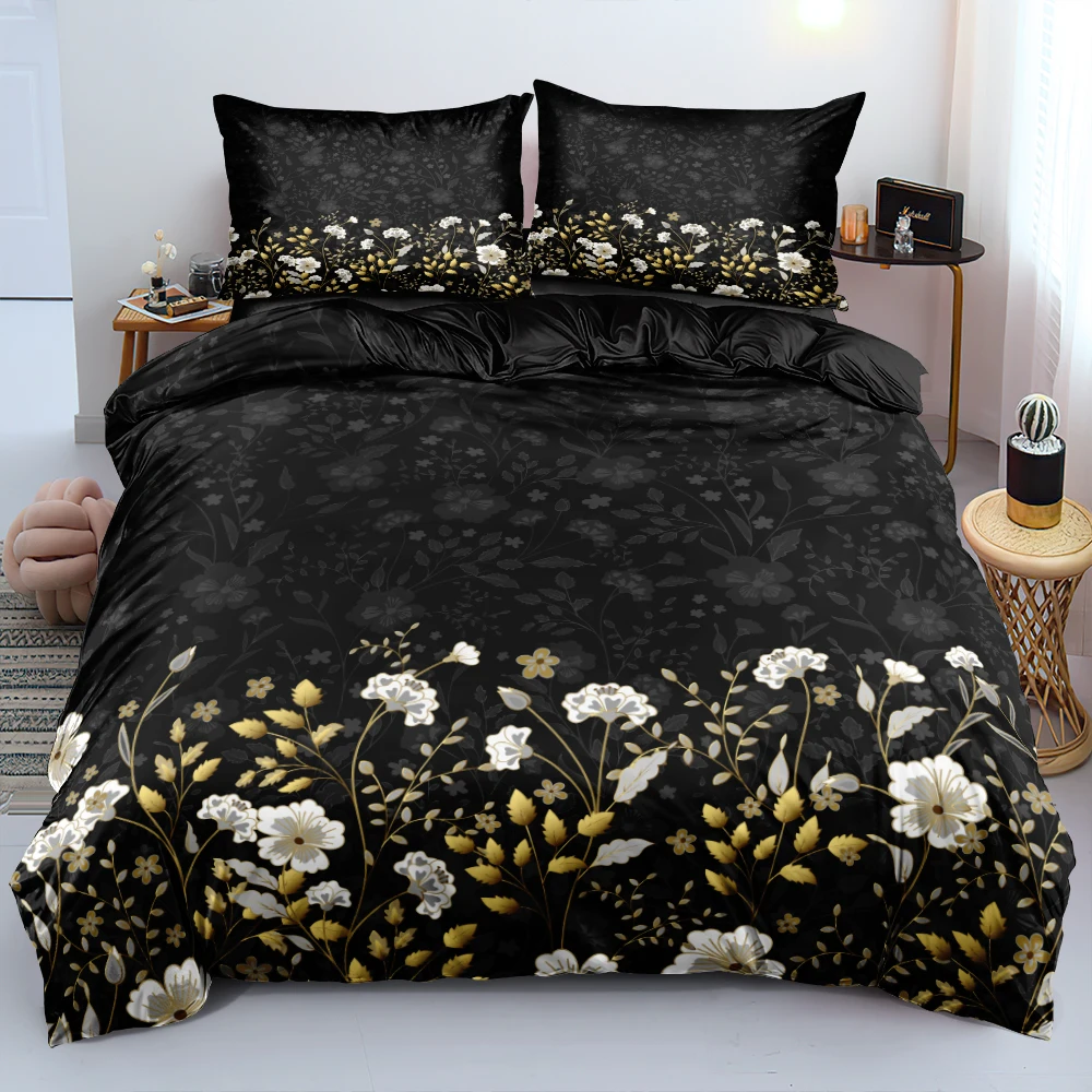 

High Quality And Inexpensive Cover Sets Flower King,Queen,Full Digital Print Quilt Covers Pillowcases 3pcs Bed Bedding Set Black
