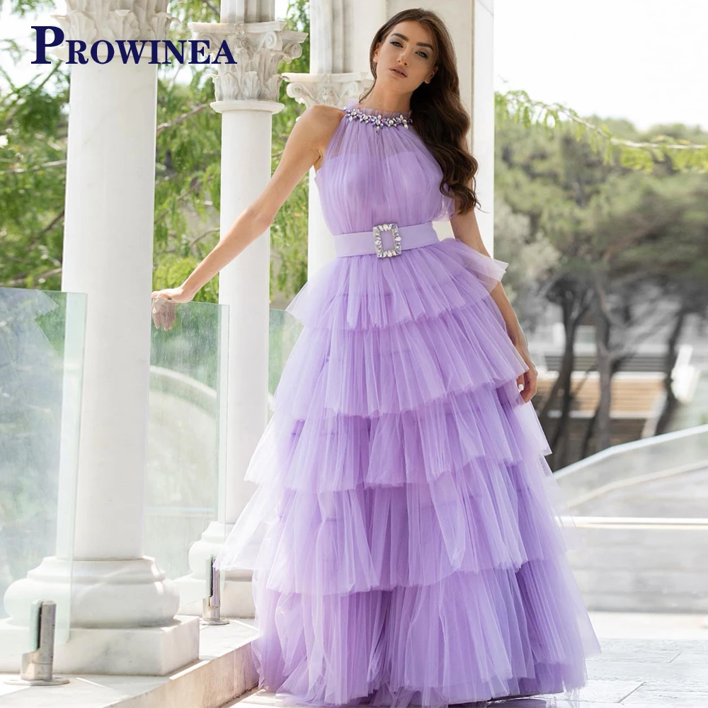 

Prowinea Crystal Belt Scoop Elegant Prom Evening Dress Exquisite Tulle Sleeveless Vestido De Fiesta Customised Tiered Pleat Lady
