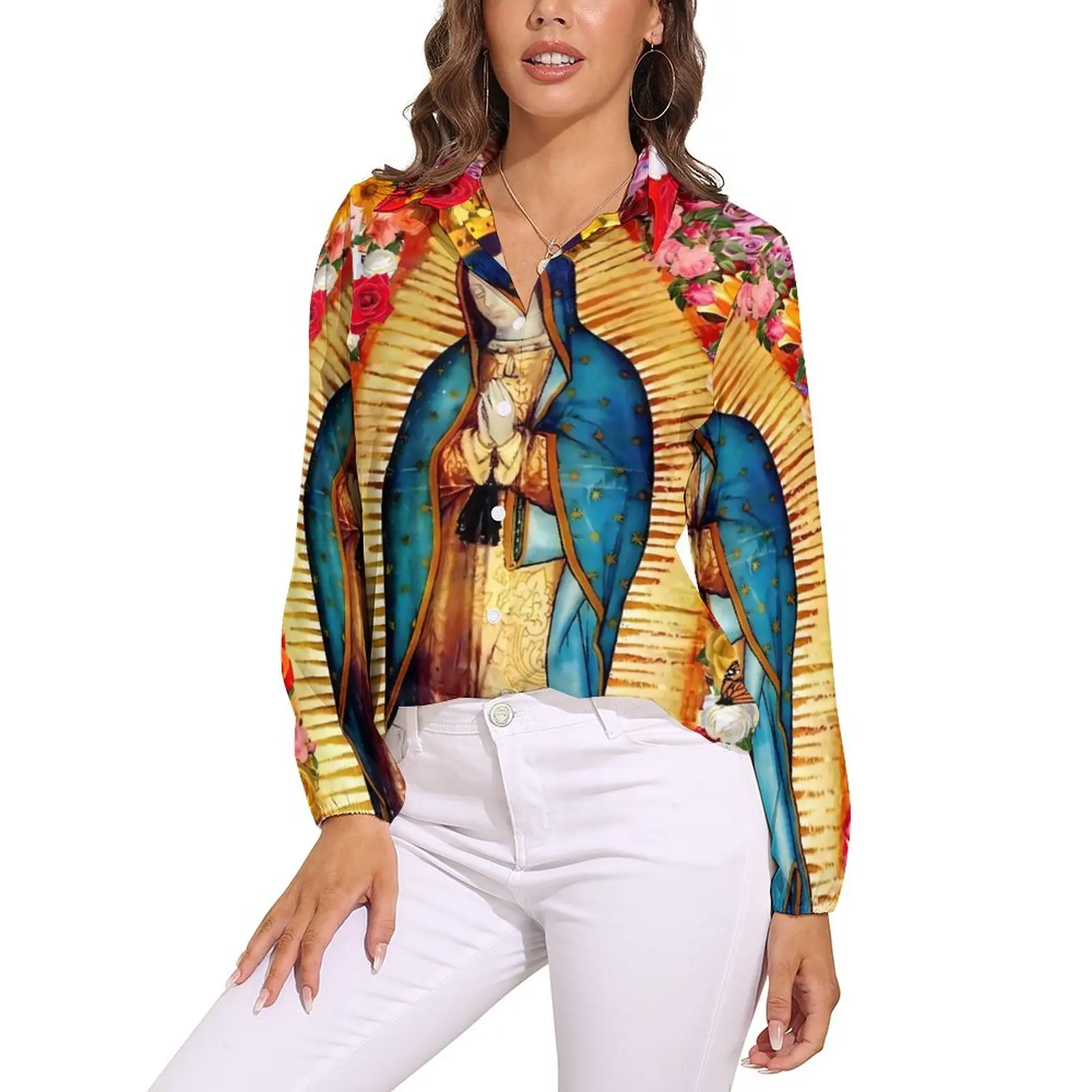 

Mexican Virgin Mary Blouse Long-Sleeve Our Lady of Guadalupe Kawaii Blouses Casual Oversized Shirt Design Tops Birthday Gift