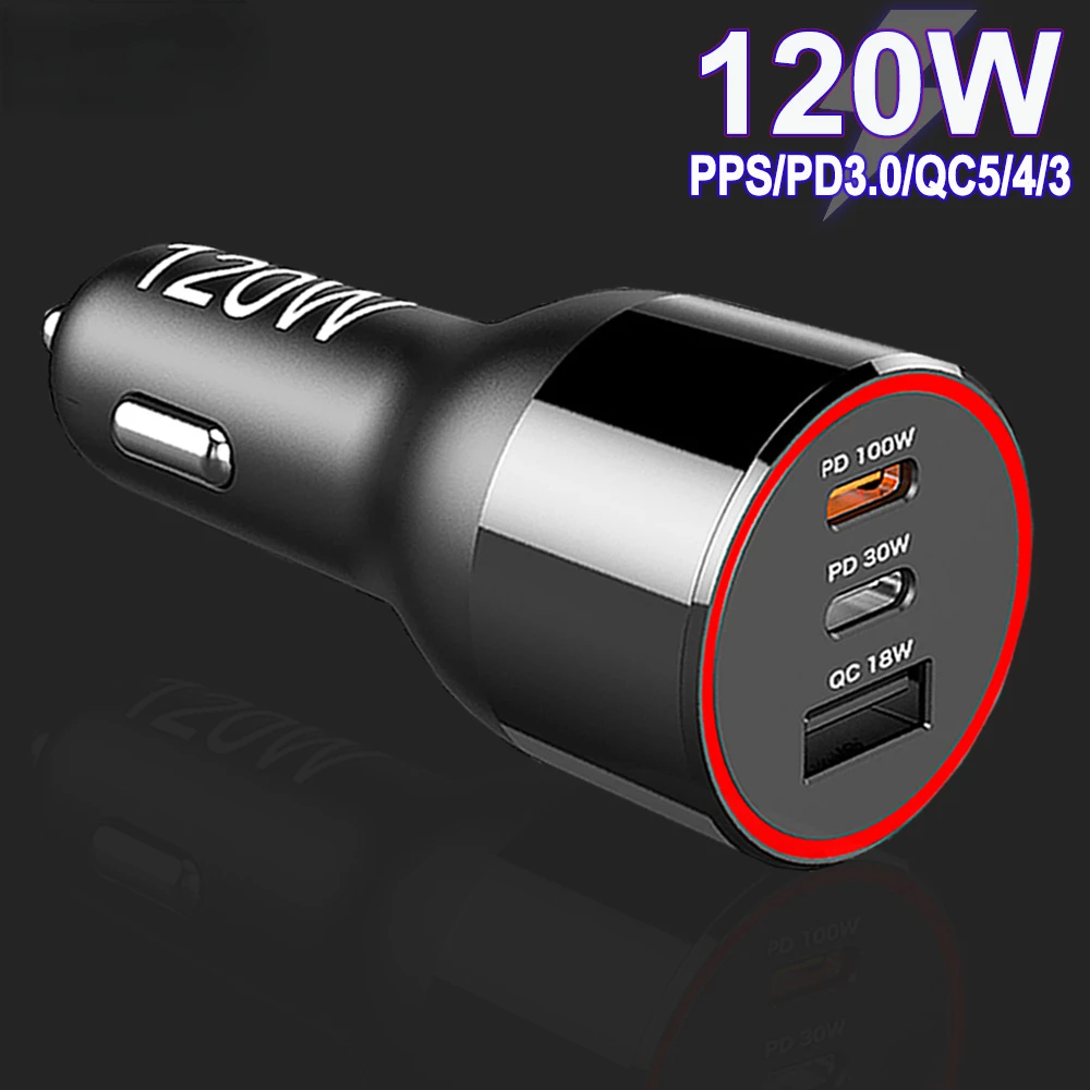 

120W USB C Car Charger Fast Charging PPS/PD100W 45W 30W QC3.0 18W For Iphone12 13 Samsung S21 Xiaomi Phone TYPE C Laptop MacBook