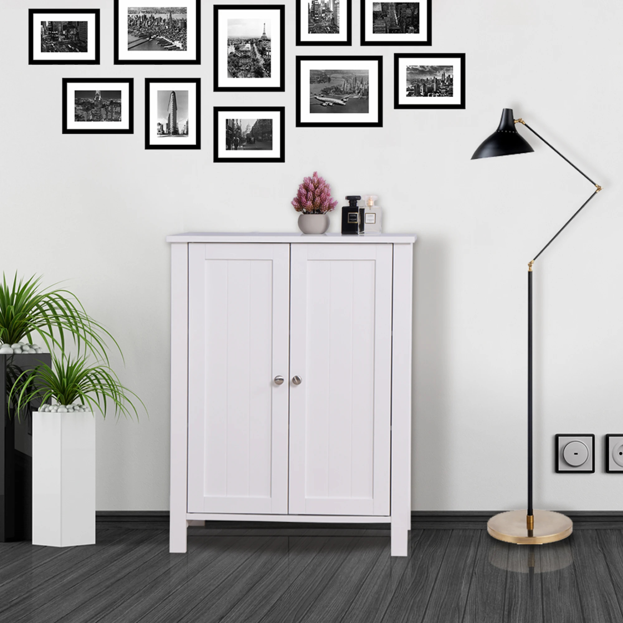 

Bathroom Floor Storage Cabinet with Double Door Adjustable Shelf, White