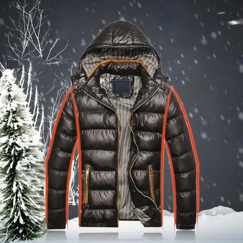 Autumn Winter Men Jacket Cotton Padded Zipper Hooded Thicken  Warm Pockets Overcoat Hoodie for Daily Wear