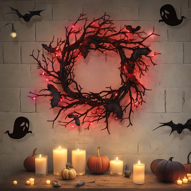 

Halloween Wreath Bat Black Branch Wreaths with Red LED Light 45CM Wreaths for Doors Window Flower Garland Halloween Decoration