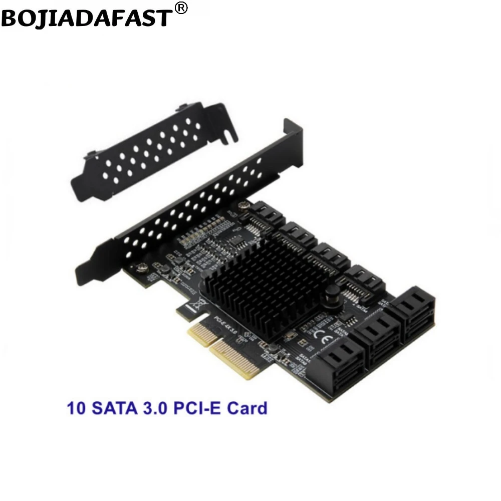 Фото Горячая новинка 2026: Адаптер-райзер для расширения PCIe x4 (PCI-E 3.0 4X) с 10 портами SATA 3.0 (ASM1166 + JMB575) для жестких дисков №4