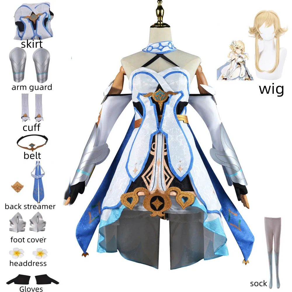 

Костюм Аниме для косплея Genshin Impact Lumine, парик, юбка, носок, пояс, накидка на ногу, перчатки, защита рук, головной убор, сексуальный женский костю...