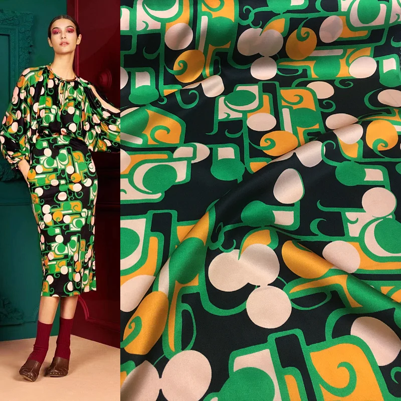 Heavyweight Stretch Satin Black and Yellow-green Geometric Polka-dot Print Shirt Skirt Designer Silk Fabric By The Meter Sewing