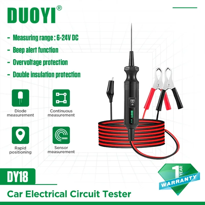 

Автомобильный тестер электрической цепи DUOYI DY18, датчик мощности 6-24 В постоянного тока, ручка, диагностические инструменты для транспортного средства, тестер цепи, сканер, устройство