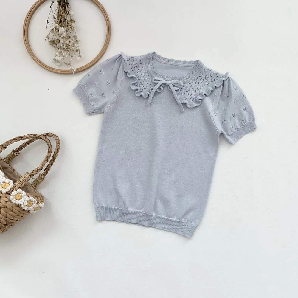 RiniLucia Fashion Baby Girl Knitted Tshirt Short Sleeve Cotton Summer Infant Toddler Child Hollow Sweater Top Baby Clothes