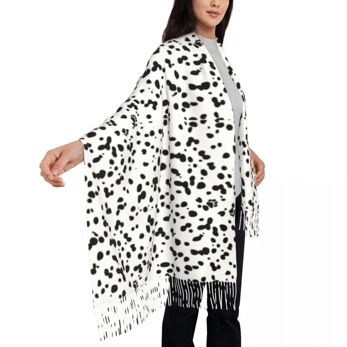 Шарф унисекс с длинной кисточкой черный и белый теплый шарф принтом