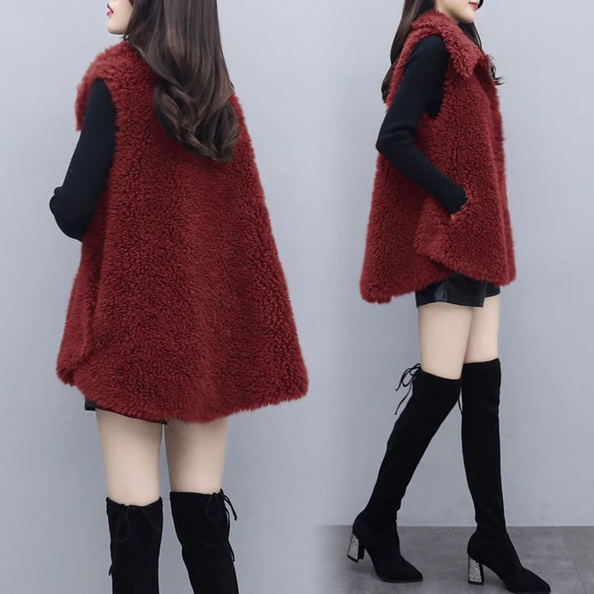2021 Autumn Winter New Korean Imitation Lamb Wool Imitation Fur Integrated Coat Splicing Women's Vest Girl's Coat Leisure Red