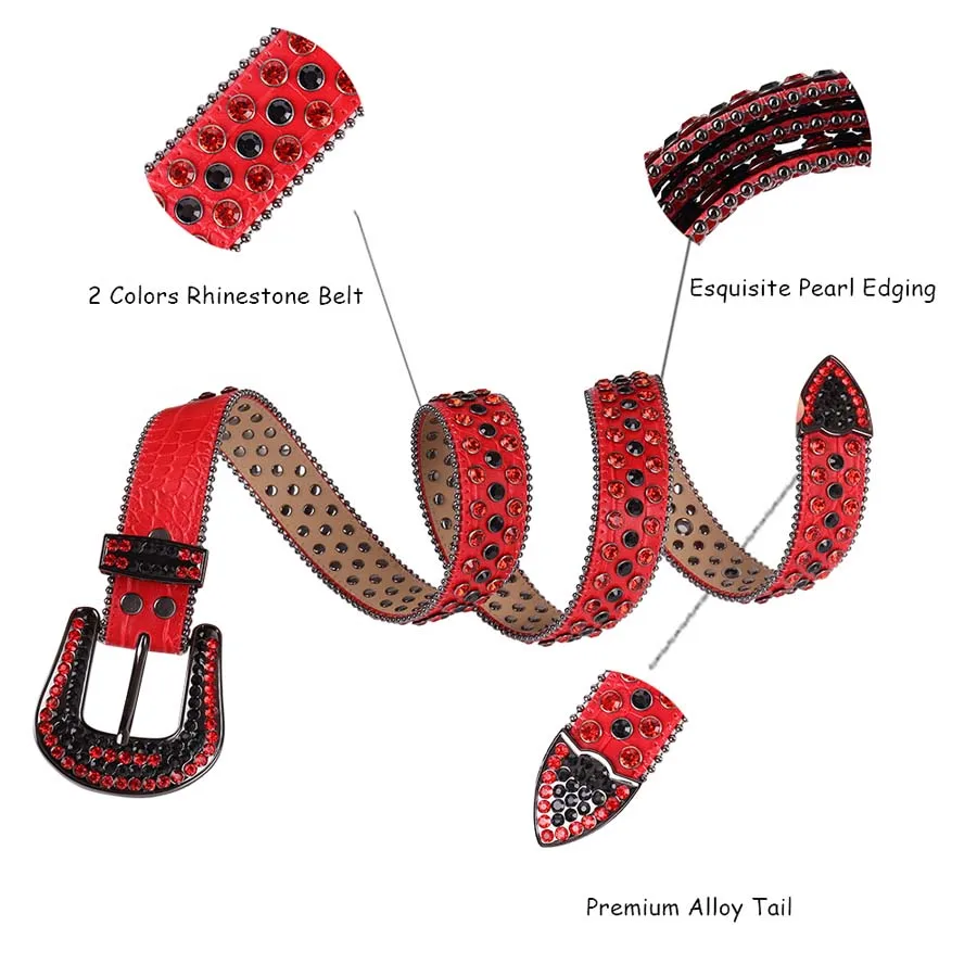 Genuine Leather Red Rhinestone Belt Luxury Designer Cowboy Bling Dimond Studded Belts For Woman Man Cinturones Para Hombre | Аксессуары
