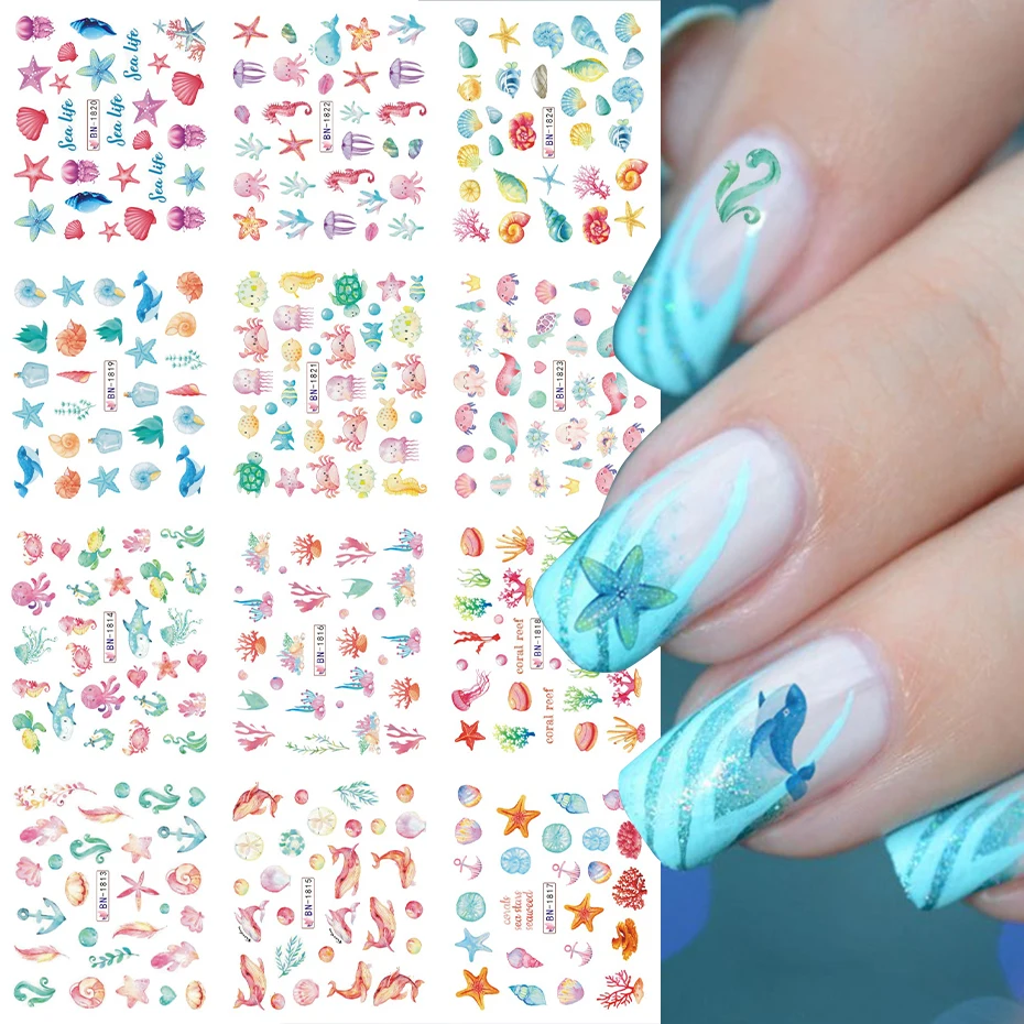 

12pcs Ocean Animal Summer Nail Water Decals Starfish Coral Reef Seaweed Sticker Sea Life Nails Art Transfer Slider BEBN1813-1824