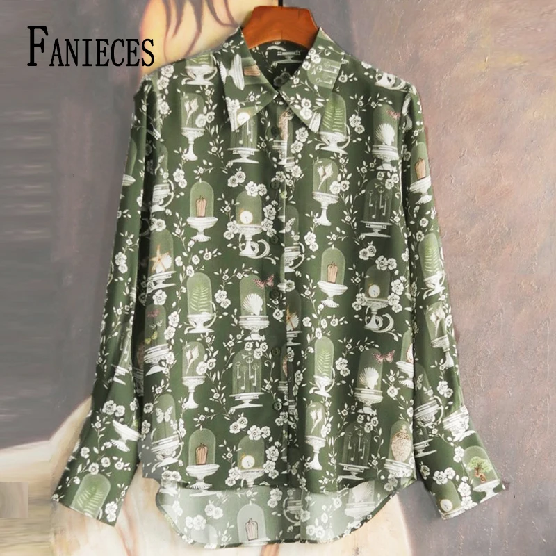 

FANIECES Chic Print Office Ladies Elegant Shirt Autumn Long Sleeve Lapel Button Up Chiffon Vintage Blouse Tops Casual Streetwear