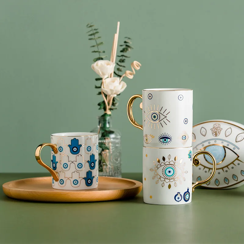 

Hamsa Hand of Fatima Evil Blue Eye Turkish Ceramic Coffee Mug Cup Home Breakfast Milk Novelty Cup Couples Creative Gifts
