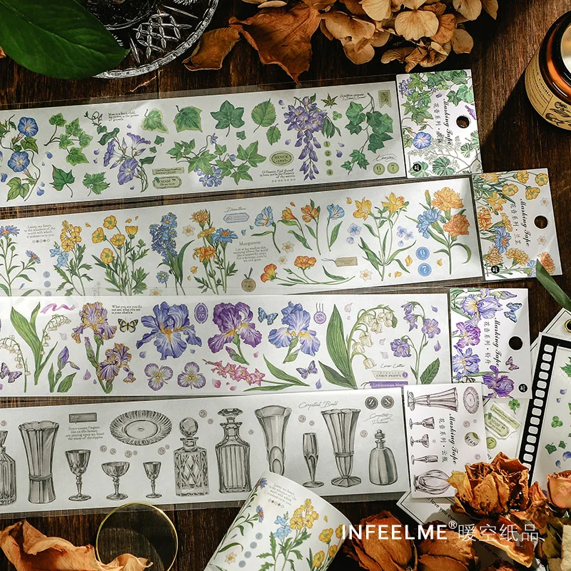 

Creative Flowers Stickers Collector Vintage Long Strip Separate Tape Hand Account DIY Decoration Material Stationery Sticker