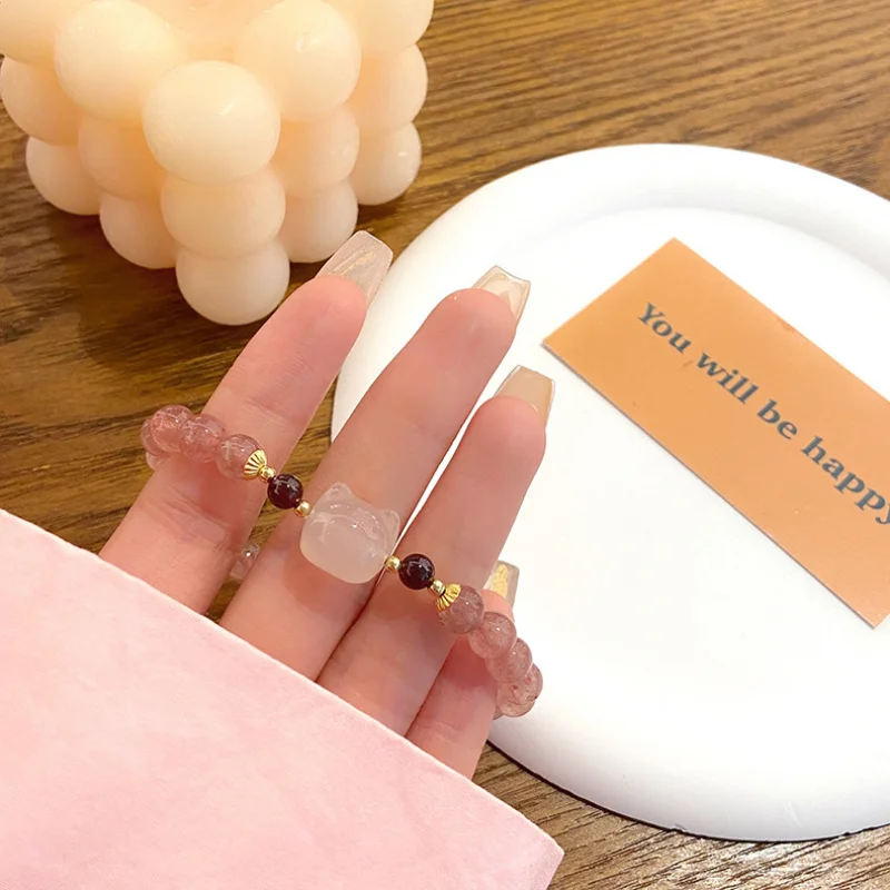 Браслет с изображением клубники кварца личи желе агата и головы кошки