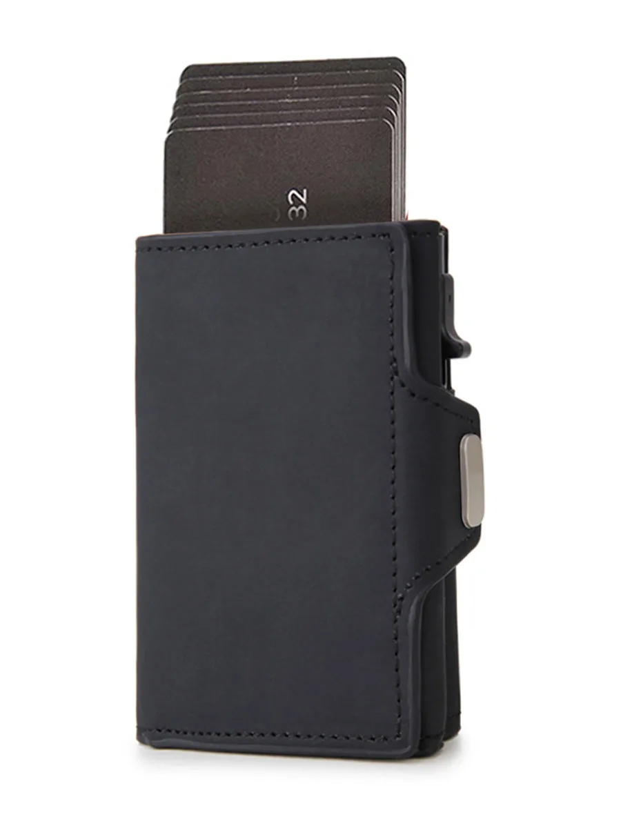 Gebwolf Pop-Up Credit Card Case Crazy Horse Leather Men Wallets RFID Protection Mini Metal Wallet Zipper Coin Pocket