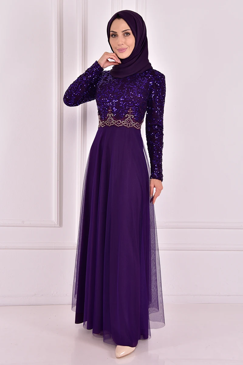 Тюлевое вечернее платье, фиолетовые платья для женщин, мусульманское вечернее платье с длинным рукавом, Турецкая одежда для женщин ASM2205