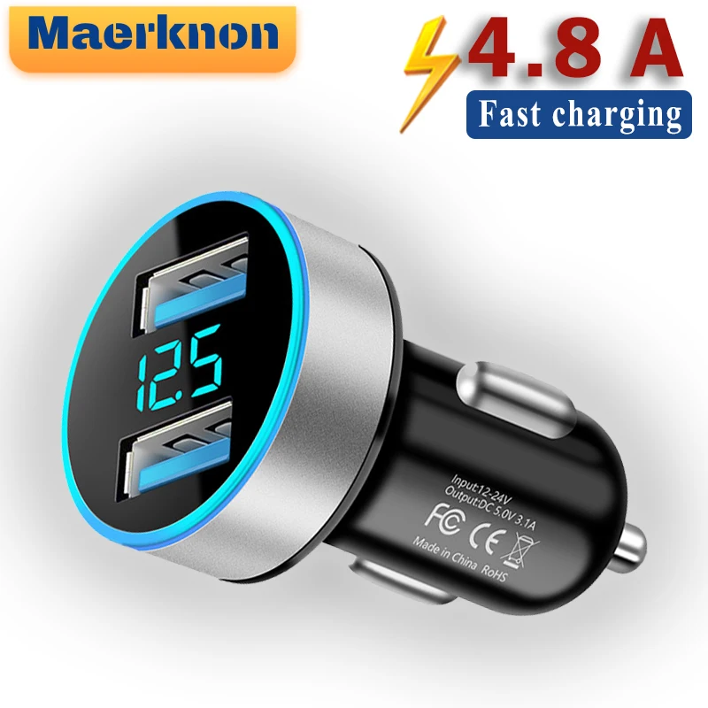 4.8A 5V Car Charger Digital Display Two Ports Fast Charging For Samsung Galaxy Huawei IPhone Xiaomi 13 USB Car Chargers Adaptor