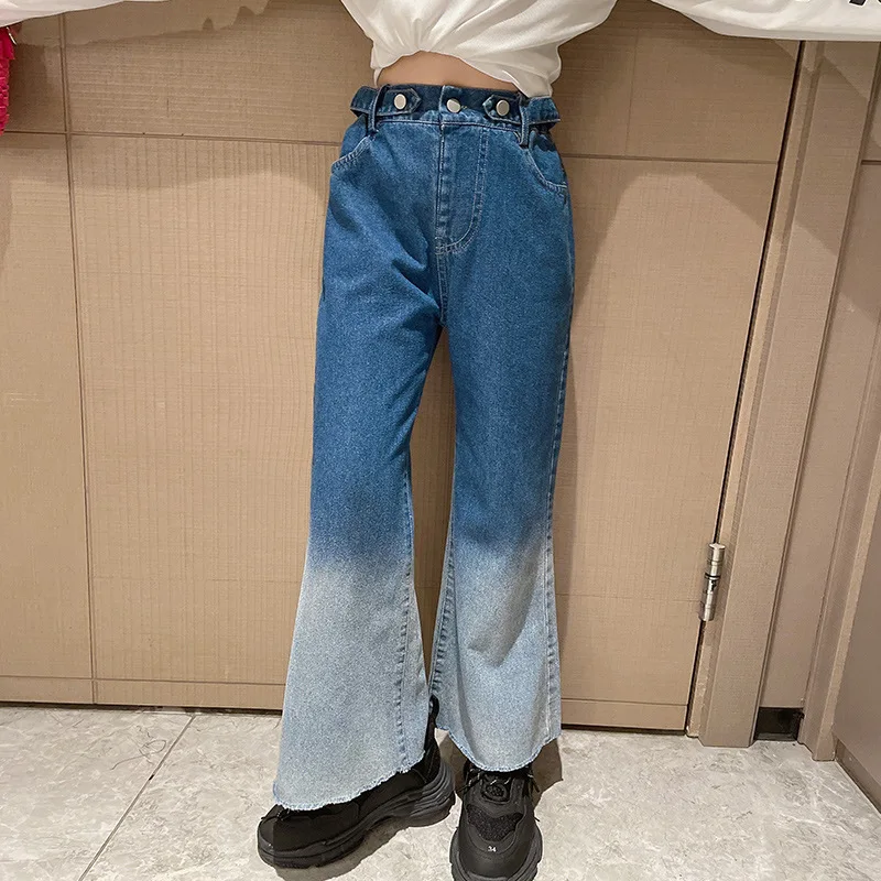 

Джинсы с градиентными вставками для девочек-подростков; Модные синие джинсовые штаны для детей 8, 10, 12 лет