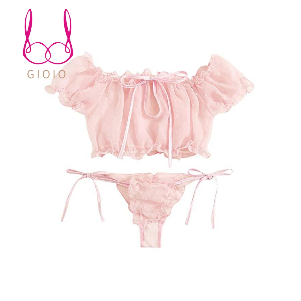 

New Sexy lingerie Erotic Underwear Lace Short Sleeve Bra Panty Set Off Shoulder Lace Up Solid Color Sets Women Exotic Bikini Set