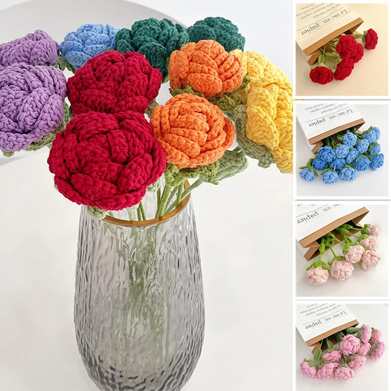 

1PC Flower Arrangements Forever Flowers Crochet Knitted Roses Finished Knitted Bouquet Girlfriend Gifts