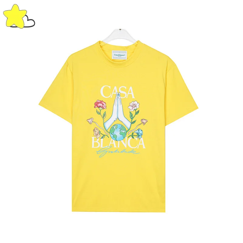 

Yellow White Black Applause And Flowers Printing Casablanca T-Shirts Men Women High Quality Cotton T Shirt Tee 3XL
