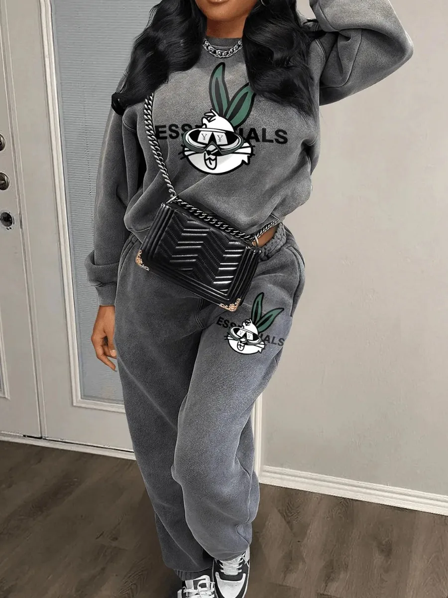 

LW Plus Size Cartoon Rabbit Letter Print Pants Set Round Neck Long Sleeve Sweatershirt+Trousers Two Piece Women Large Size 2pc