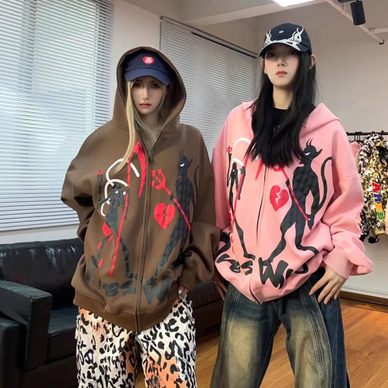 

Fashion 90s Hip Hop Devil Print Cotton Zip Up Hoodie Y2k Women Gothic Cardigan Hooded Jacket Men Yk2 Loose Harajuku Pink Tops