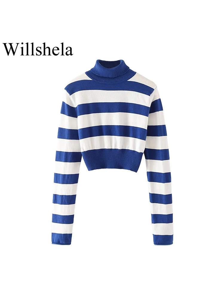 

Willshela женский модный полосатый вязаный пуловер, свитер в винтажном стиле с высоким воротом и длинными рукавами, женские шикарные топы