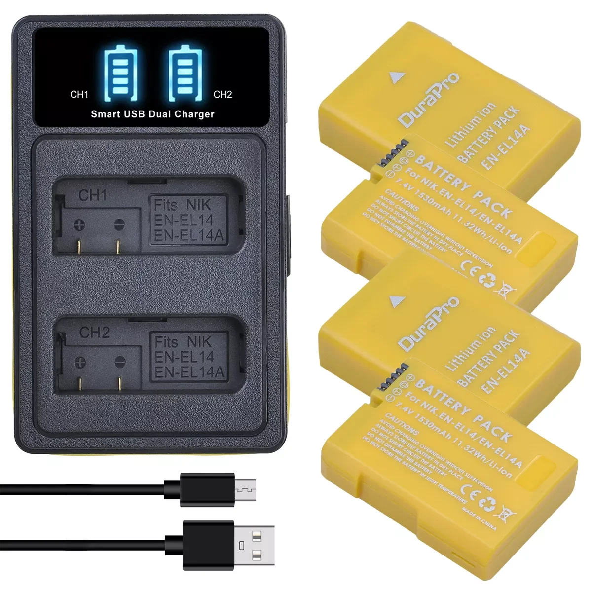 

DuraPro 1530mAH EN-EL14 EN-EL14A Battery +LED Charger with Type C Port For Nikon D3100 D3200 D3300 D3400 D5100 D5200 D5300 D5600