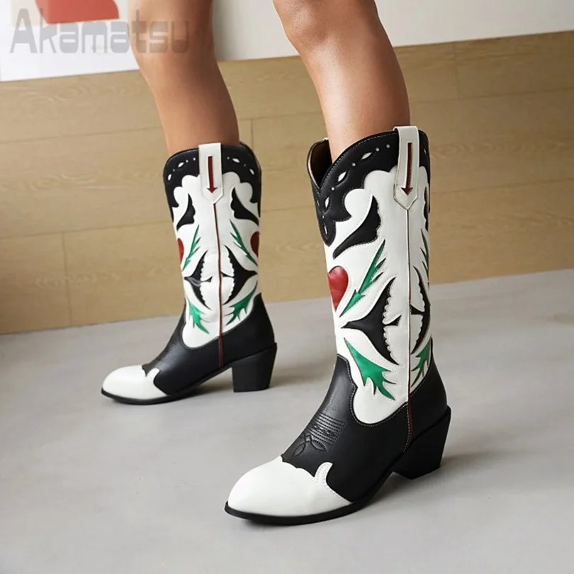 

Retro Cowboy Boots Embroidered Pointed Toe Medium Tube Thick Heels Artificial Leather Women's Shoes 2023 Zapatos Para Mujere