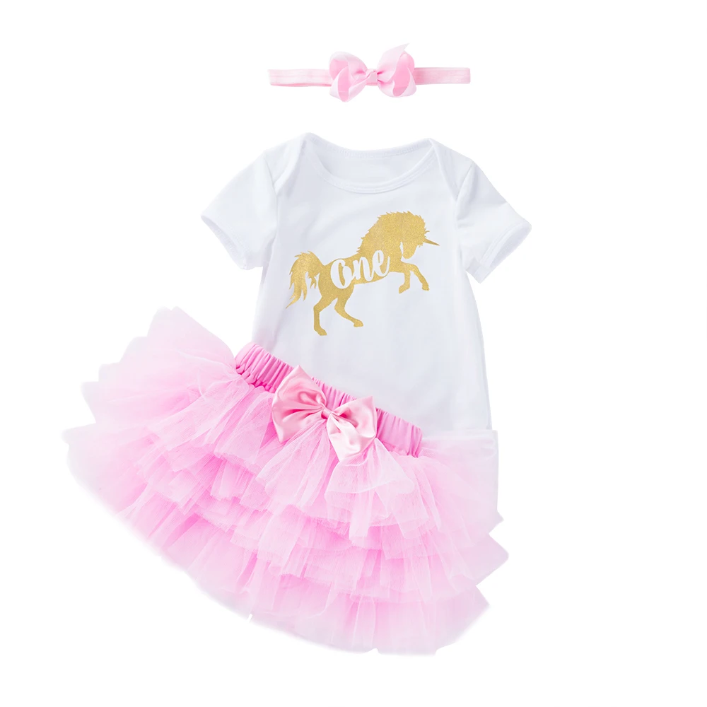 

0-24 Months Birthday Clothes Outfits 3 Pcs Set Newborn Baby Girl Clothing Suit Short Sleeve Bodysuit +Pink Tutu Skirt+ Headdress