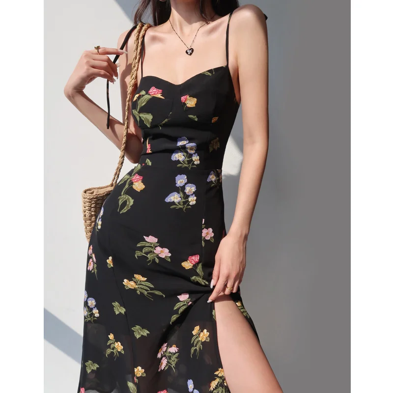 

Reform@tion Suspended Dress Women's Black Print High Waist Waist Waist Slim Side Split Lace Up Dress Vintage Style