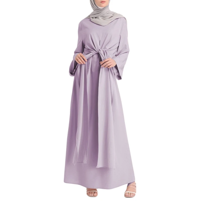 

CPDD Women Dubai Abaya Muslim Clothing Islamic Kaftan Fake 2 Piece Bandage Maxi Dress Eid Arab Turkish Solid Color Long Sleeve