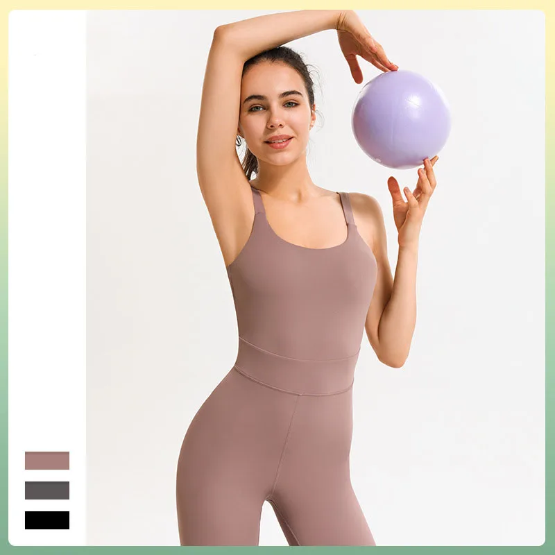 

Deep U Beauty Back Yoga Jumpsuit All-In-One Fitness Sports Bodysuit Women's Sleeveless Aerial Suit with Chest Pad Sexy Peach Hip