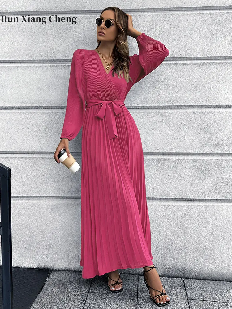

Women's Dress 2023 New V-neck Elegant and Chic High-end Charm Waist-tied Slimming Effect Long Sleeves and Pleated A-line Skirt