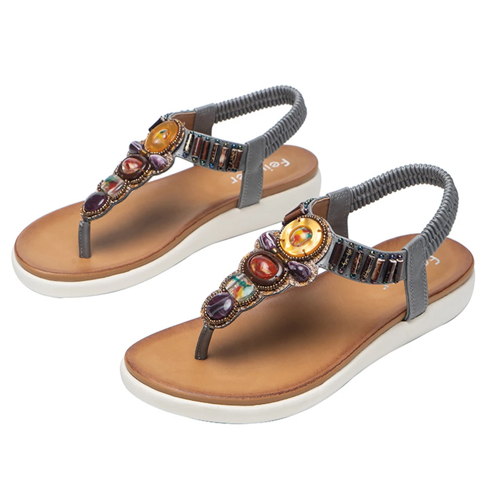 

Сандалии женские на платформе, богемные туфли на танкетке, Гладиаторы с кристаллами, Повседневная пляжная обувь в римском стиле, с эластичн...