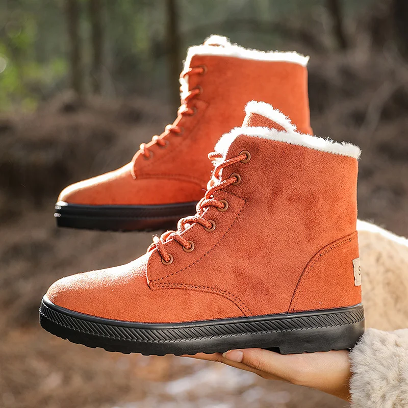 Short Boots Ladies Winter Boots Warm Anti-ski Floor Boots Waterproof Outdoor Ankle Fur Hiking Shoes Plus Fleece Lace Up Sneakers