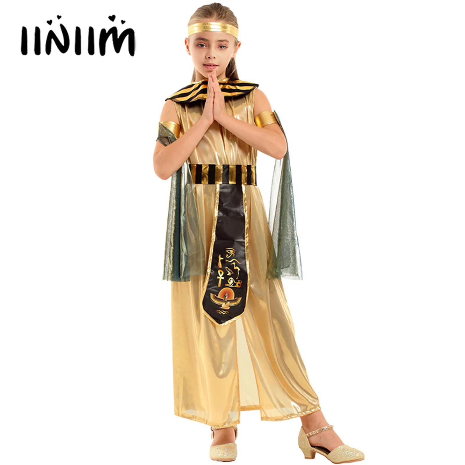 Kids Girls Ancient Egyptian Princess Cosplay Costumes Halloween Outfit Sleeveless Robe Belt Collar Armband and Headband Suit